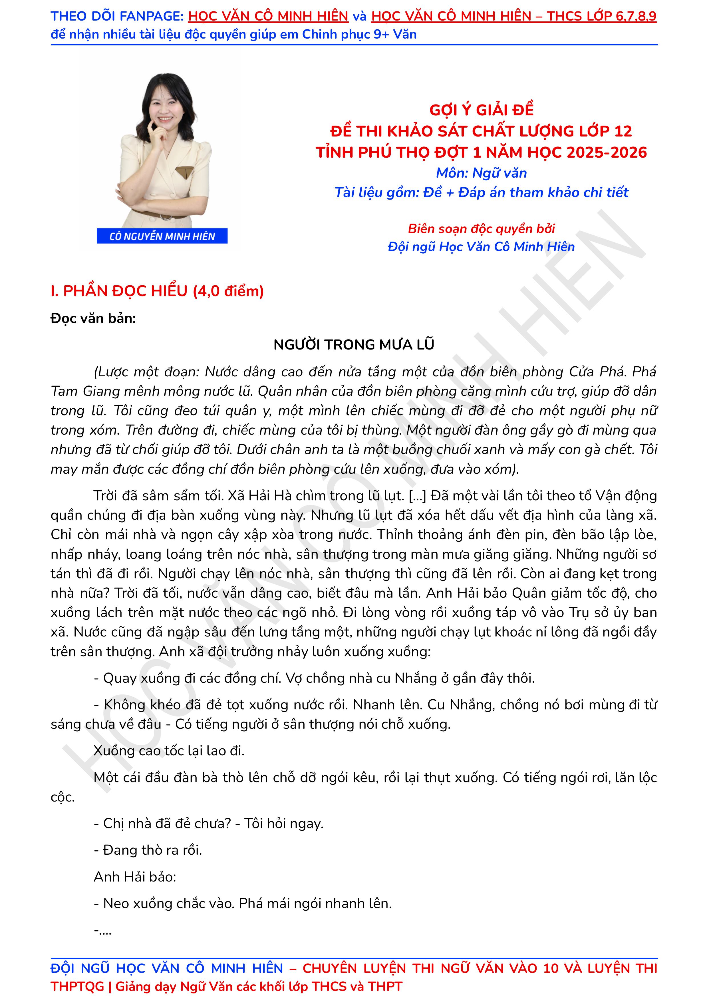 GỢI Ý: ĐỀ + ĐÁP ÁN + BÀI VIẾT MẪU ĐỀ THI KHẢO SÁT CHẤT LƯỢNG MÔN VĂN LỚP 12 TỈNH PHÚ THỌ NĂM 2025-2026